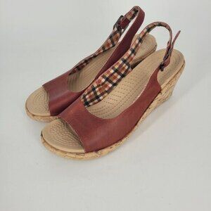 Crocs A Leigh Tan Red/Brown Leather Open Toe Wedge Heel Slingback Sandals 10